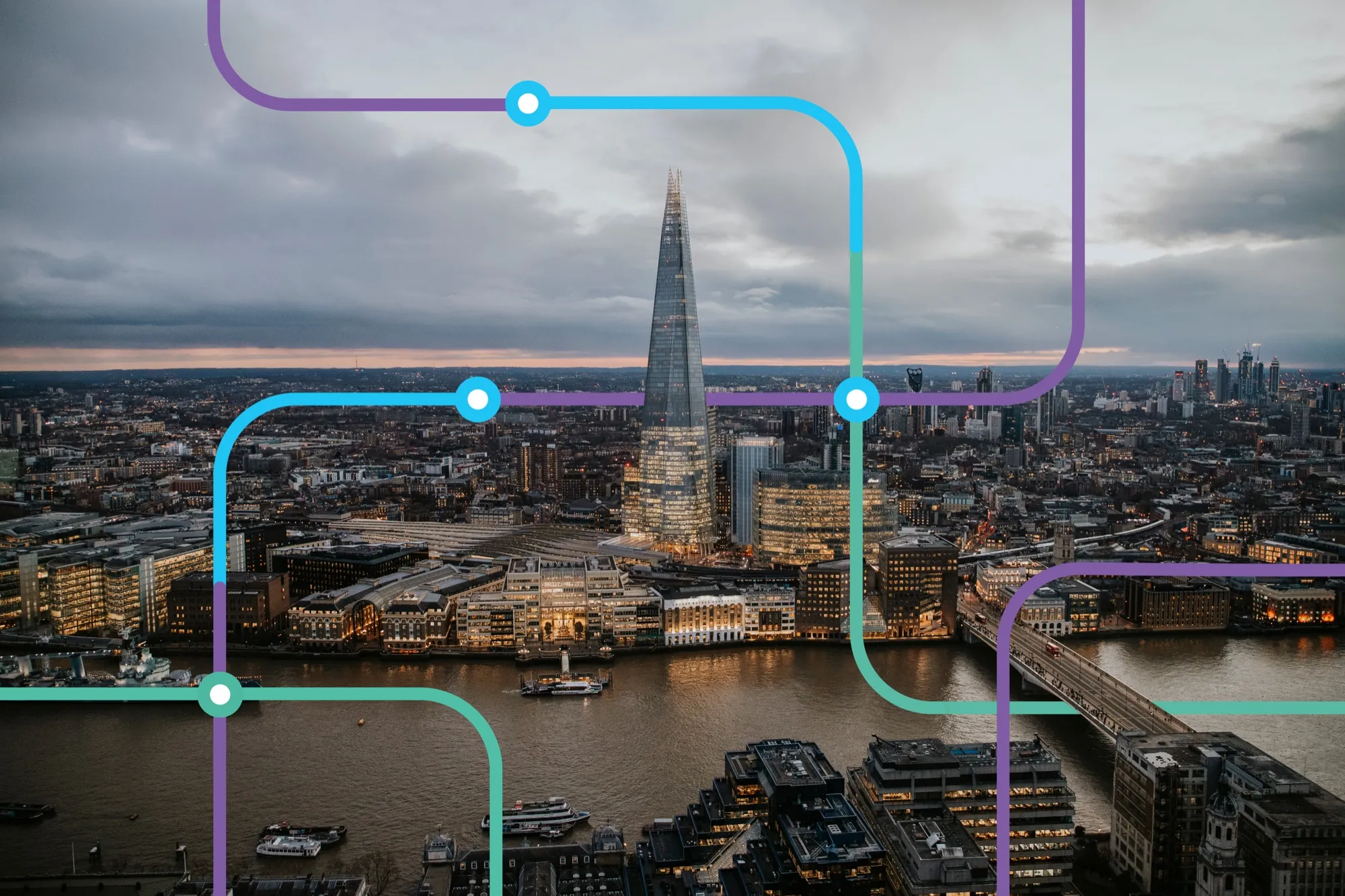 Aerial view of the London skyline at dusk, centred on The Shard, overlaid with a network of connecting routes.